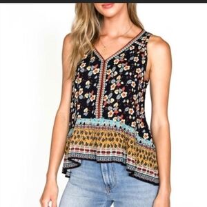 Floral Sleeveless Peplum Top - Black and Multicolor Embroidery Accents Boho